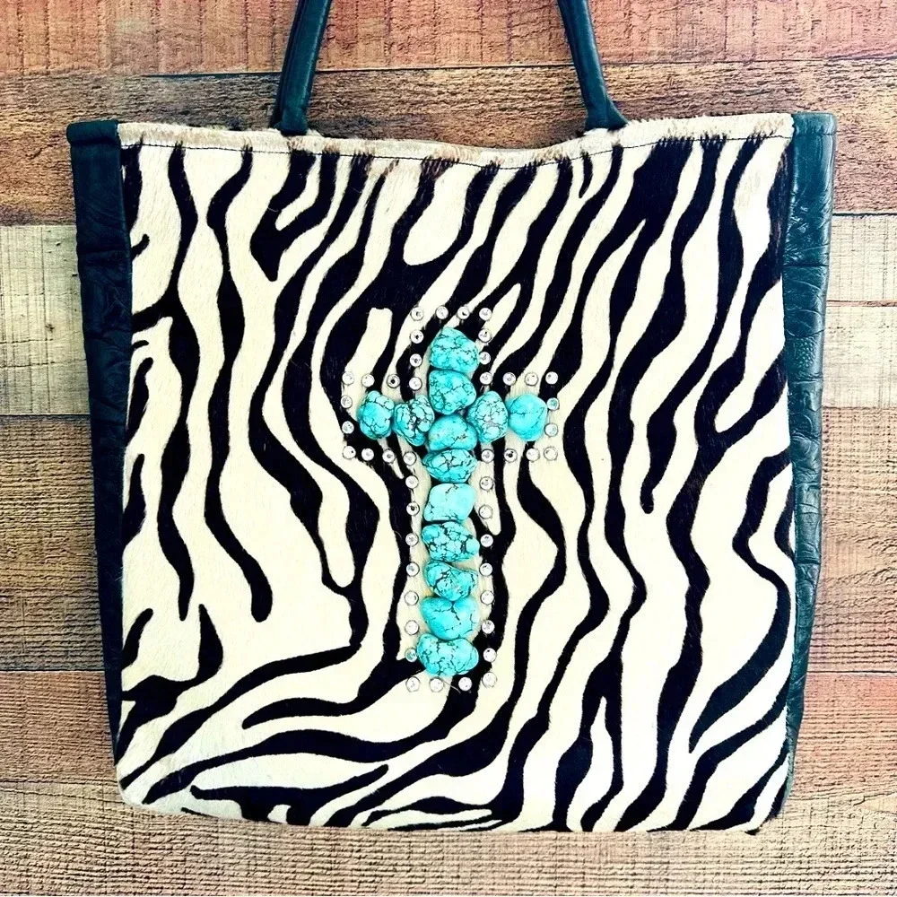Kurtmen Designs Cowhide W Turquoise Nugget and Crystal Tote Bag
